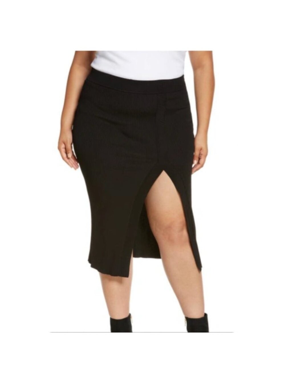 Good American Pleated Ribbed Midi Skirt Womens L/XL Black Stretch Side‎ Slit